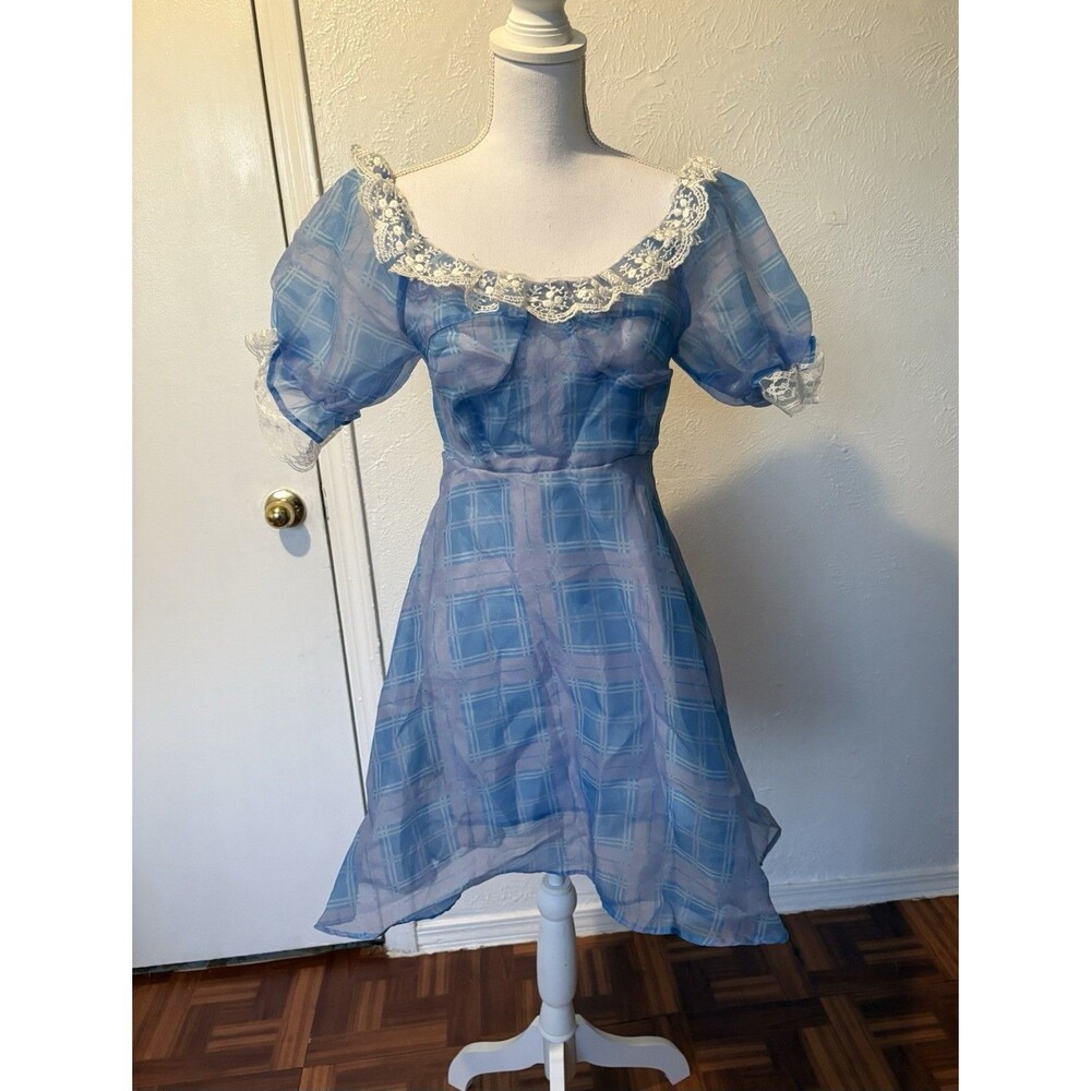 Women’s Handmade Blue Balloon Sleeves A-line Dress With Lace Details Size Small